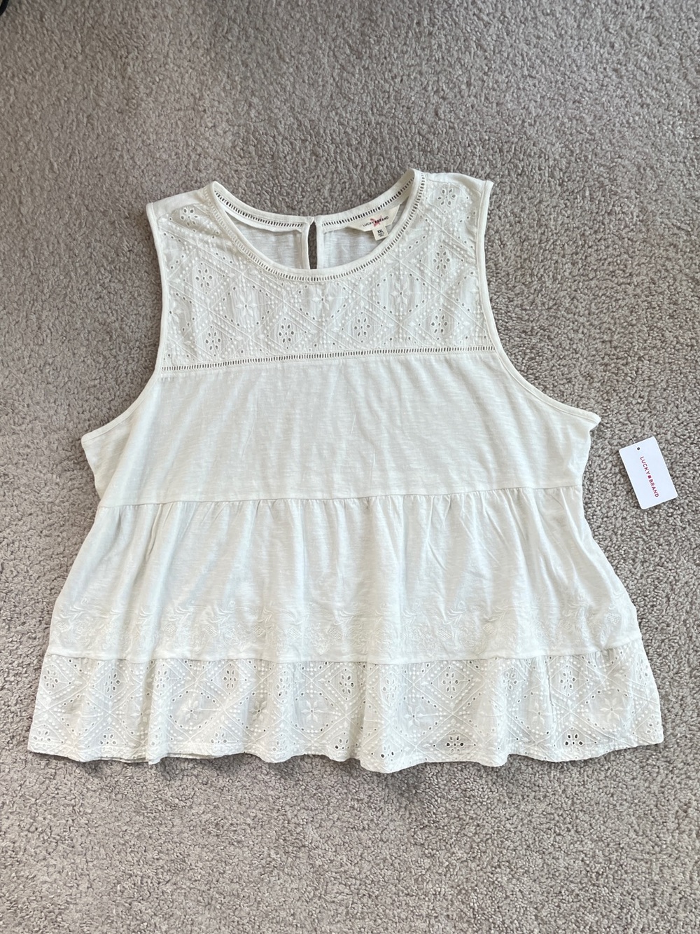 Lucky Brand Cream Ivory Embroidered Eyelet Lace Tiered Sleeveless Top Size XXL